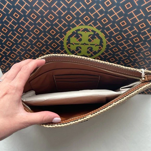 Tory Burch Thea Raffia Pouch Wristlet Bag Coffee Cream - Picture 9 of 11